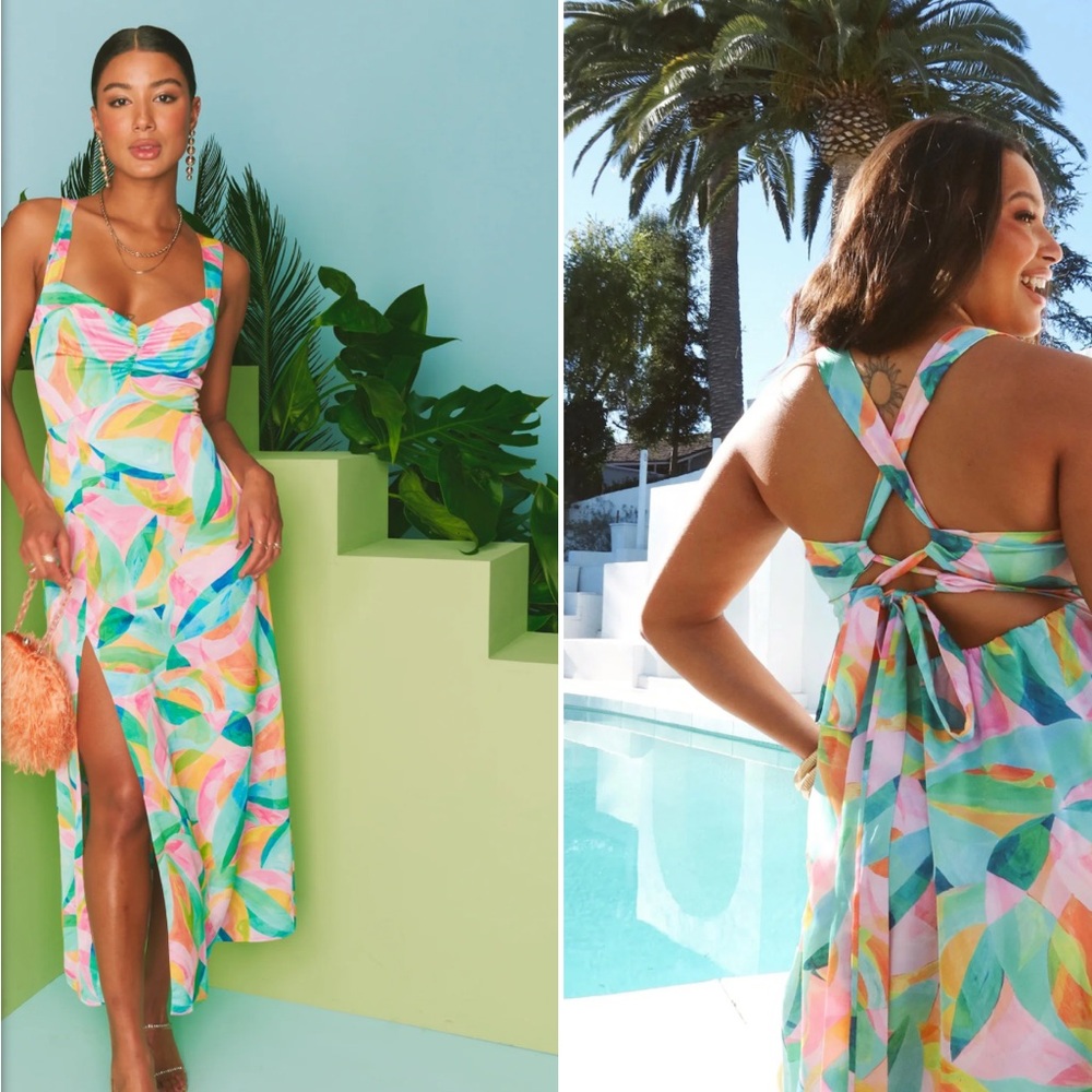 Show Me Your MuMu Mina Tropicana Burst Luxe Satin Midi Dress- Medium